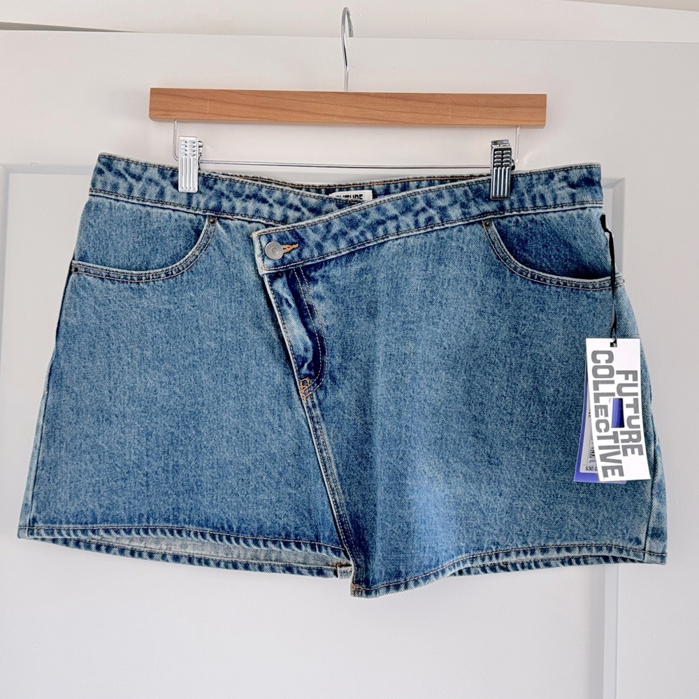 NWT Future Collective Asymmetrical Denim Mini Skirt by Kahlana Barfield Brown 14